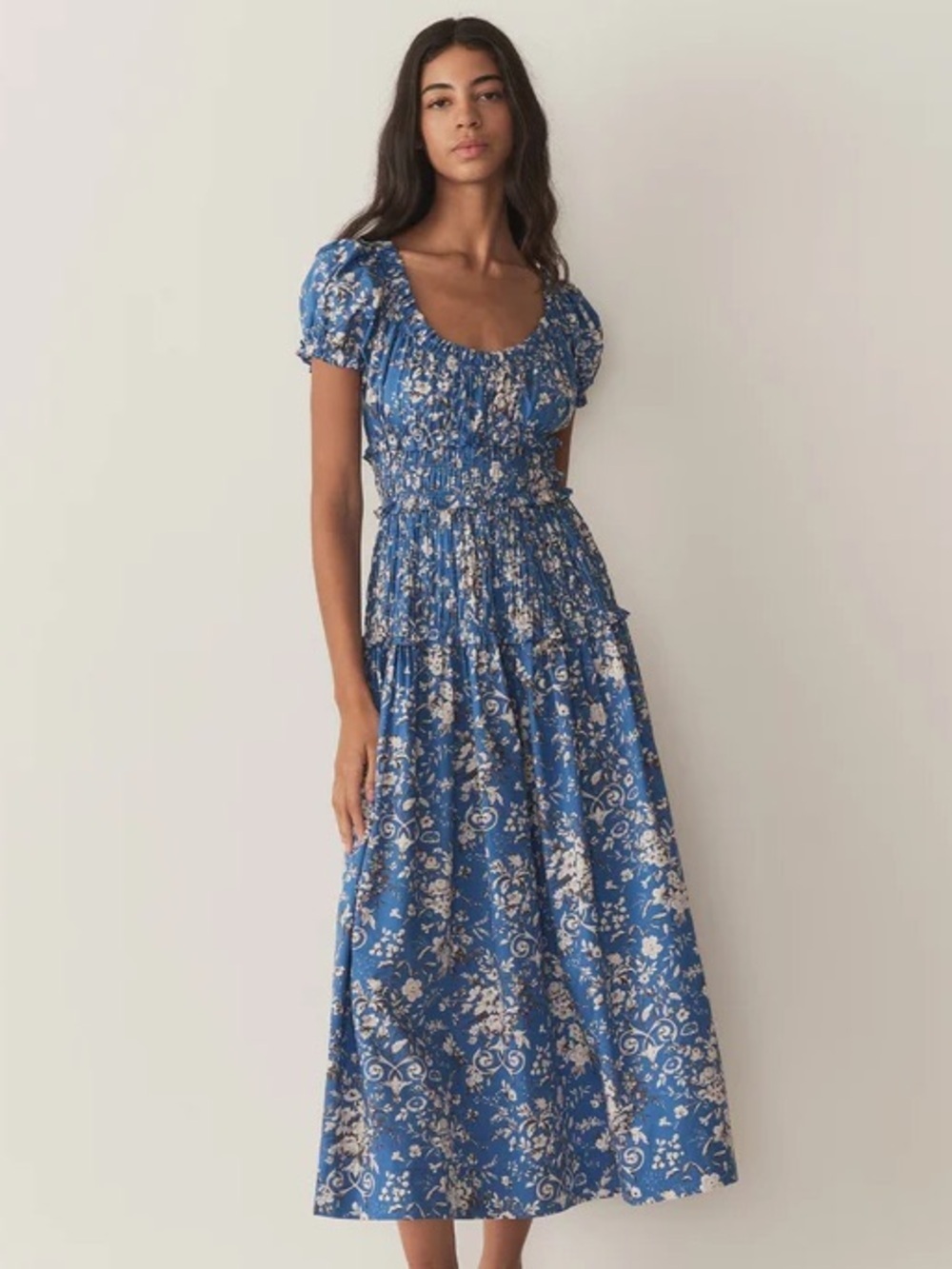 Doen Leanne Cotton Shirred Smocked Midi Maxi Dress Jardins De La Fontaine Blue